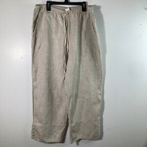 Womens Match Point Linen Straight Leg Pull On Pants Elastic Waist Beige L Flaw